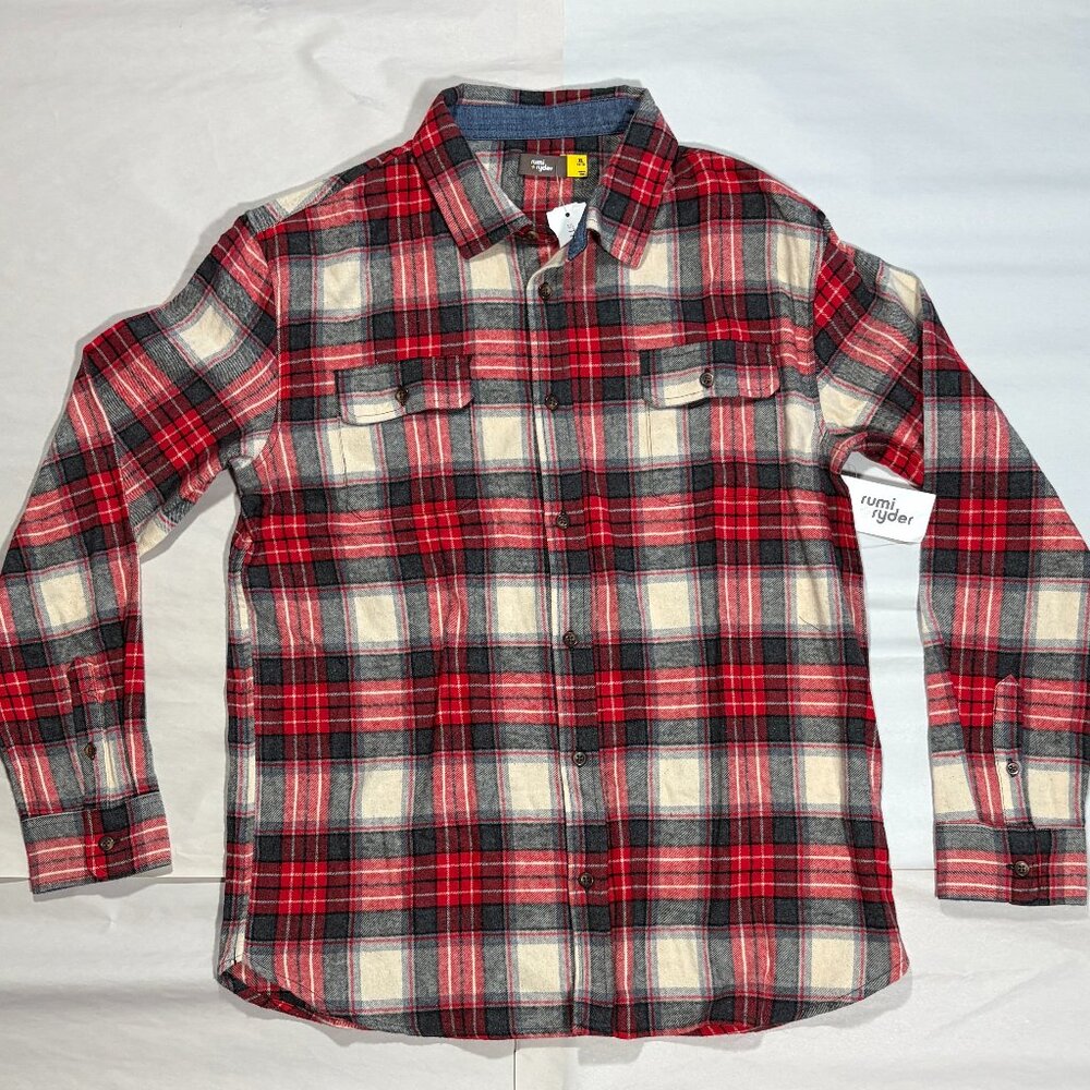 NEW RUMI & RYDER Classic Flannel Shirt Boys XL Red Plaid with Denim Pop
